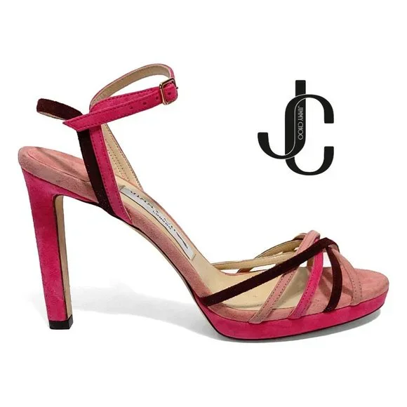 JIMMY CHOO Lilah 100 Hot Pink Suede Strappy Platform Heels Size EU37 7US Sandals